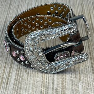 Kids Rhinestone Belt Brown Faux Croc Heart Buckle Bling Western Pink Silver